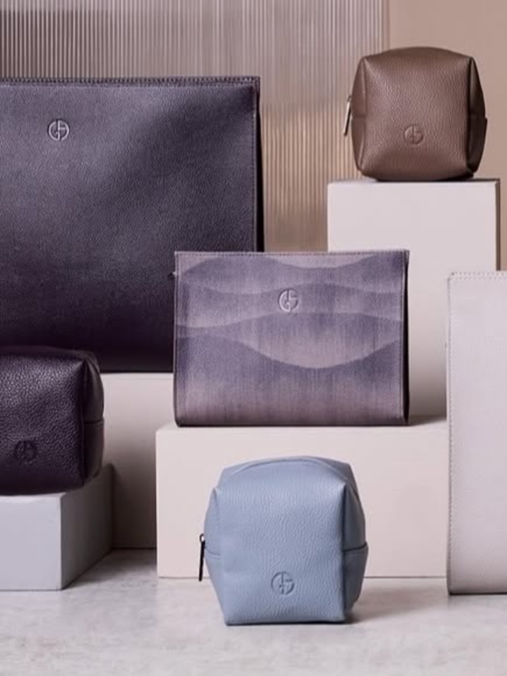 Giorgio Armani Taupe and Deep Purple Pebbled Leather Zip Pouches - Picture 6 of 7